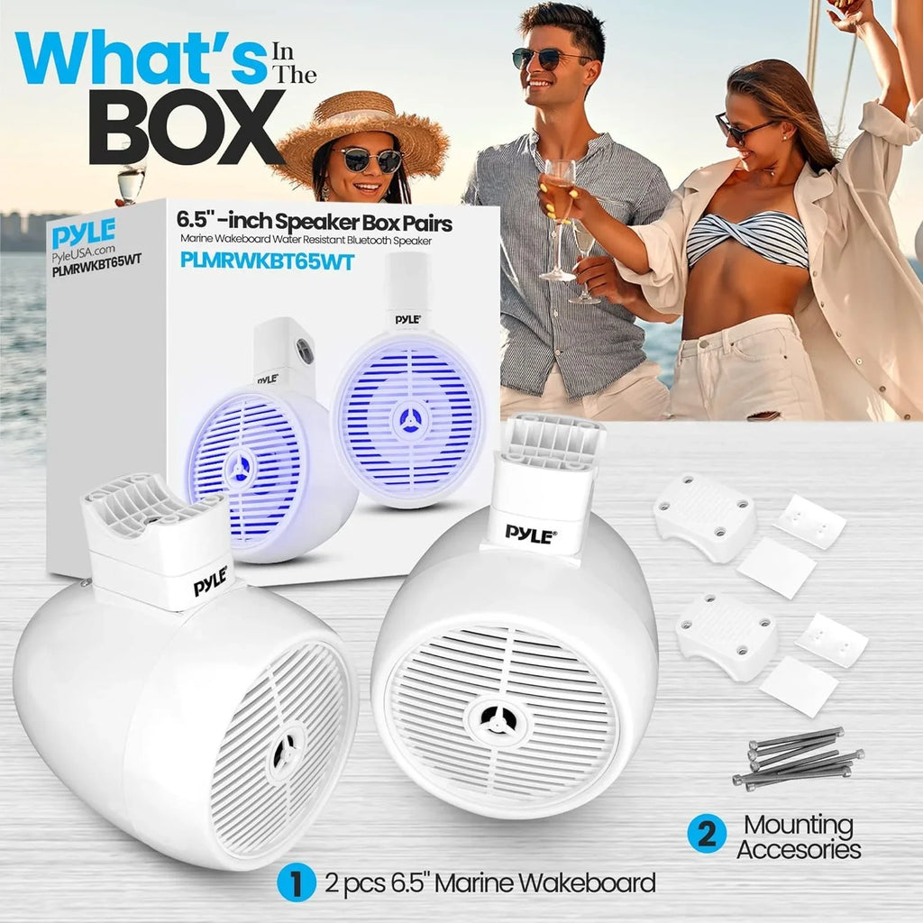 6.5" Marine Wakeboard Water Resistant Bluetooth Sizepeaker - Sizeingle 2-Way Mini Box Sizepeaker Sizeystem with Built-in LED Lights, Ivory PLMRWKBT65WT