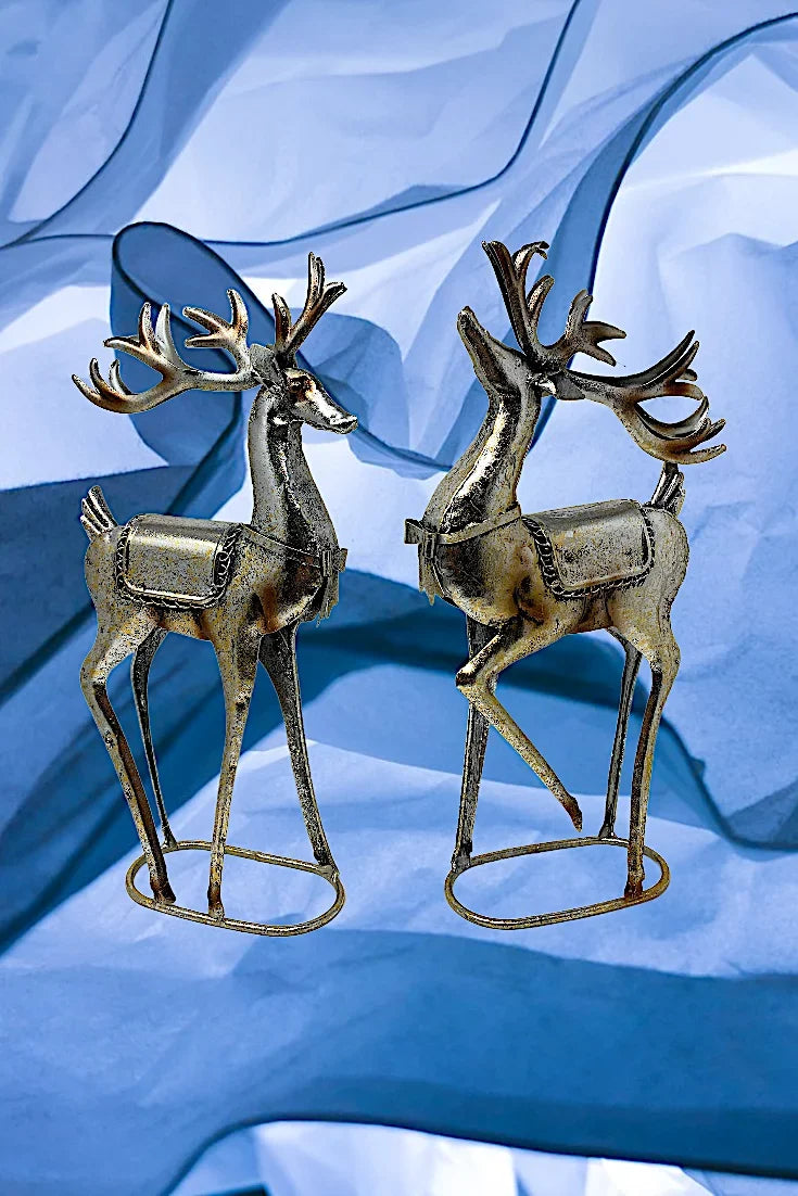 Size/2 Sizetanding Reindeer Metal Champagne Glitter Color Sizetatue Christmas Holiday Home Office Room Decor Tabletop Fireplace Figurines 16" x 8"