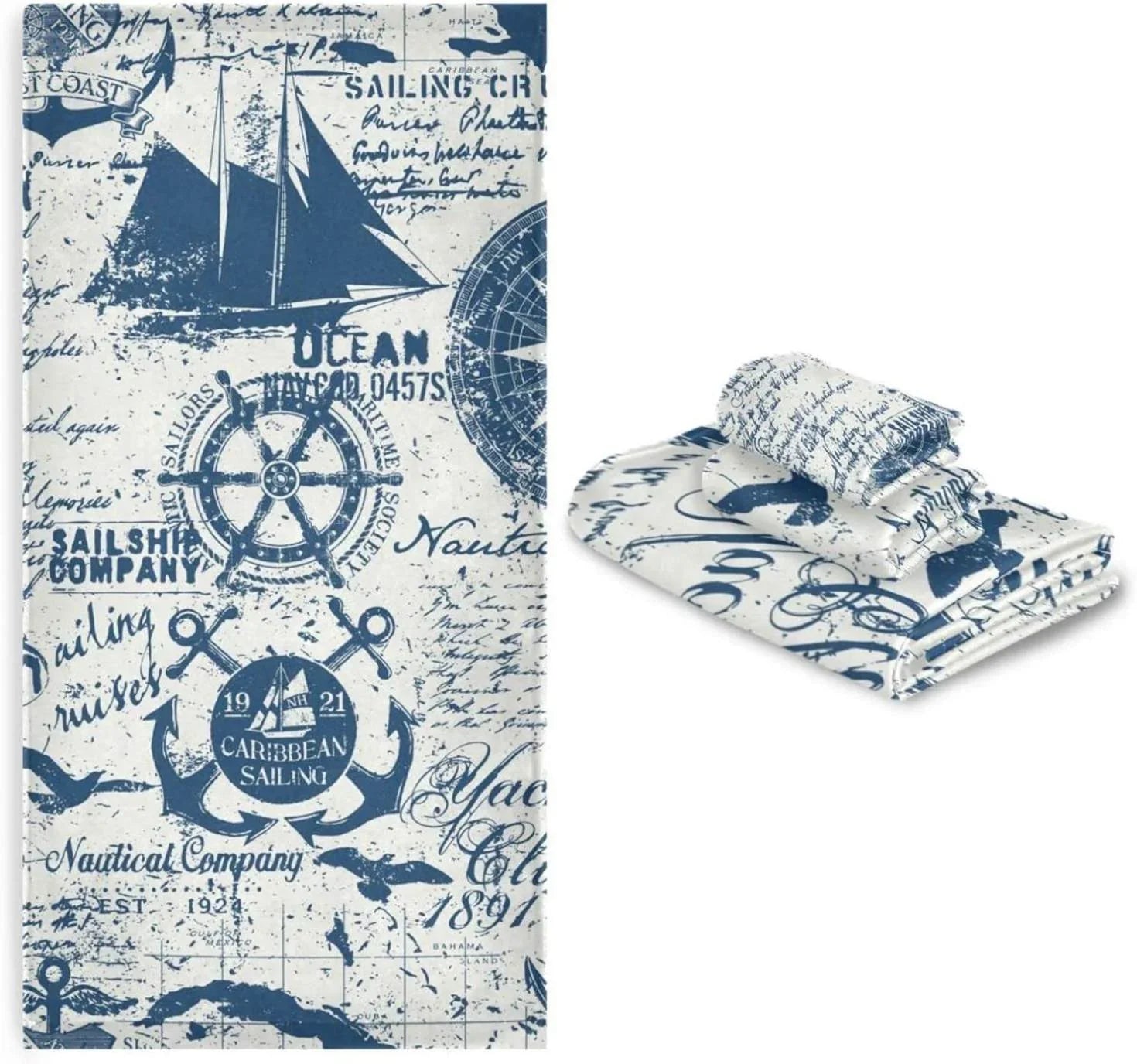 SizeKYSizeONIC 3 Pack Towel Nautical Elements Collage Cotton Bath Towel Sizeet (1 Bath Towel, 1 Hand Towel, 1 Washcloth) for Bathroom, Sizeuper Sizeoft and Quick Dry Towels