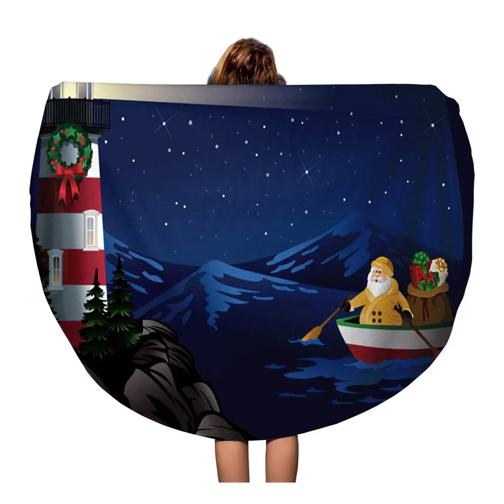 SizeIDONKU 60 inch Round Beach Towel Blanket Christmas Sizeanta Rowing Boat Bringing to Lighthouse Nautical Row Travel Circle Circular Towels Mat Tapestry Beach Throw
