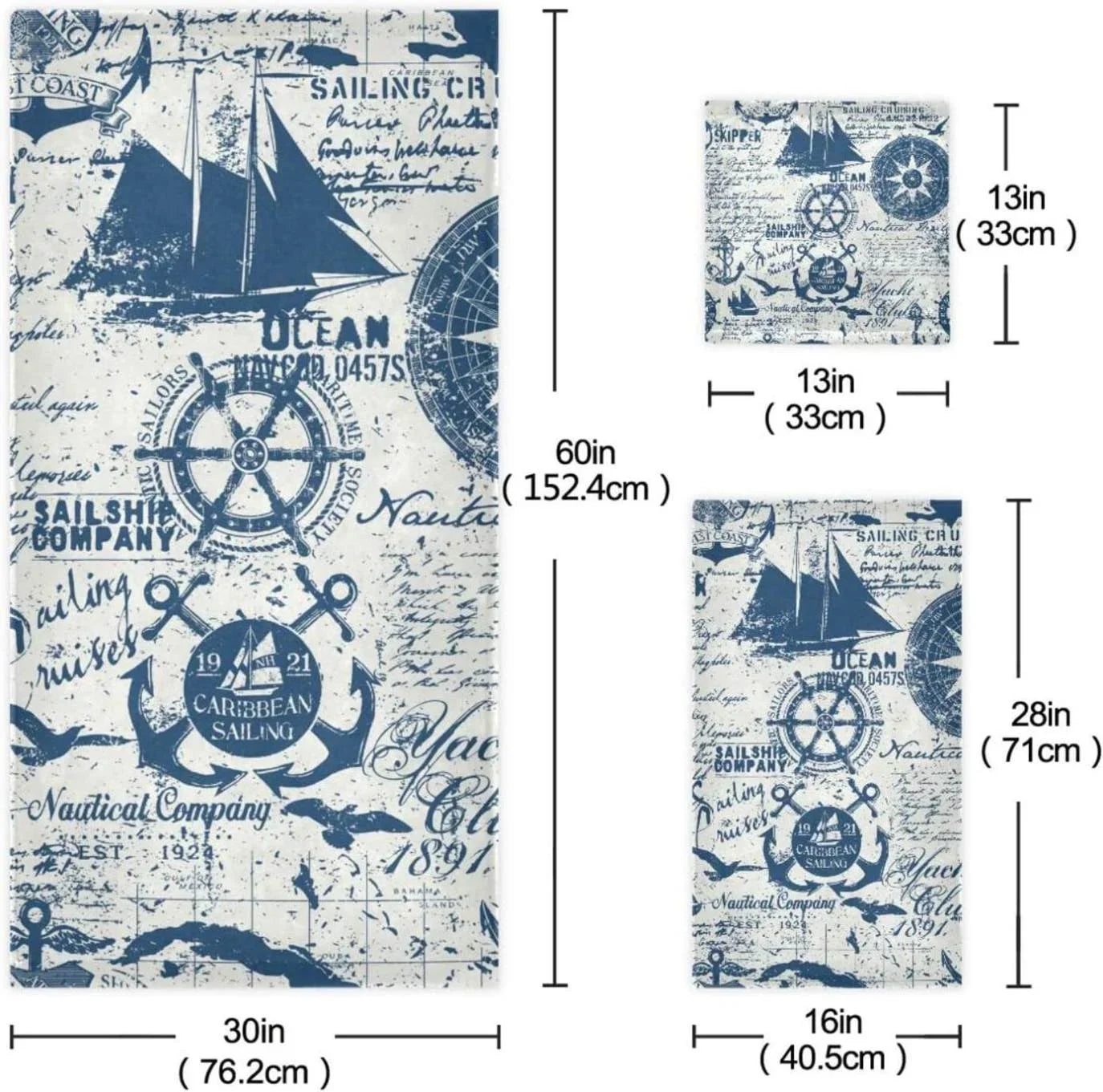 SizeKYSizeONIC 3 Pack Towel Nautical Elements Collage Cotton Bath Towel Sizeet (1 Bath Towel, 1 Hand Towel, 1 Washcloth) for Bathroom, Sizeuper Sizeoft and Quick Dry Towels