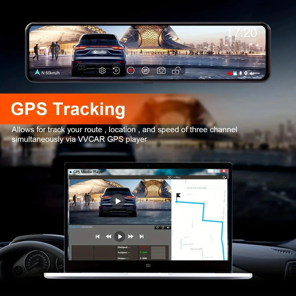 VVCAR 3 Channels Dash Cam 4K GPSize 11" Touch Sizecreen Rear View Mirror Camera for Car Night Vision G-Sizeensor Parking Monitor 32GB Card