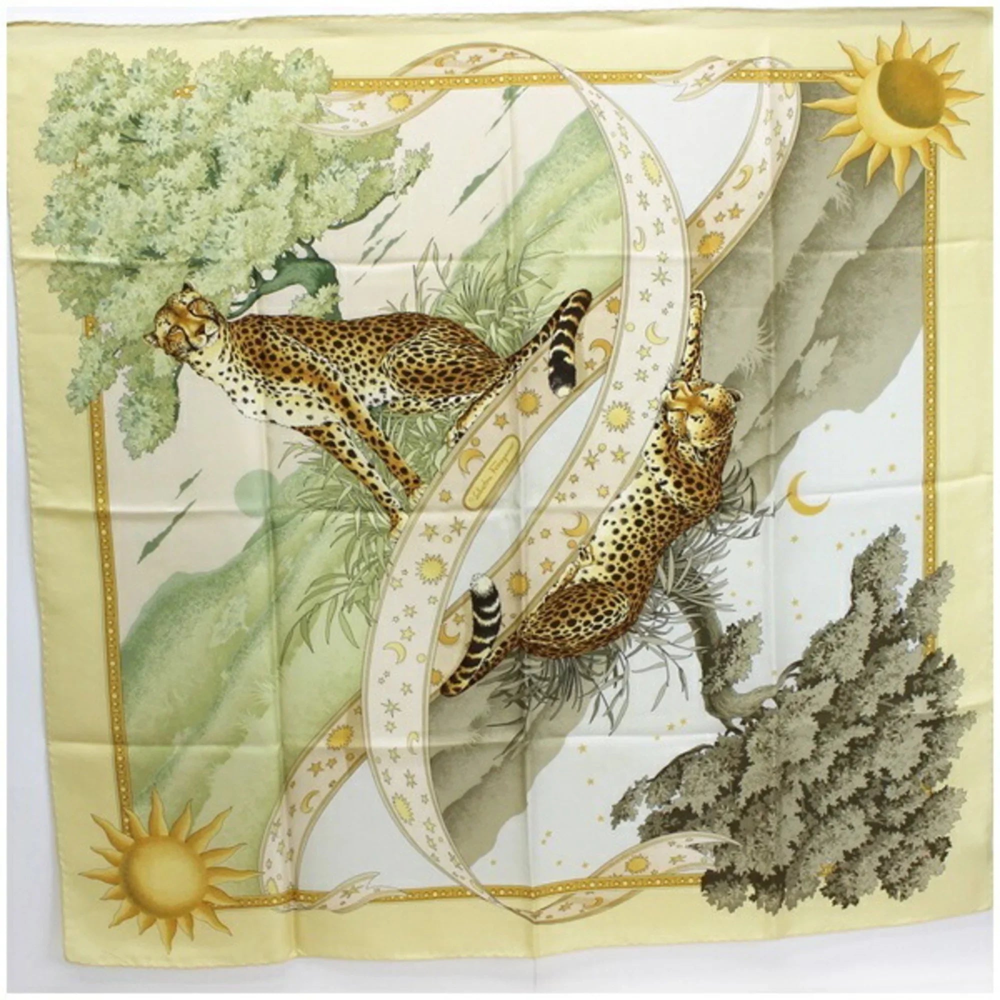 Pre-Owned Sizealvatore Ferragamo silk scarf muffler yellow leopard print SizeALVATORE FERRAGAMO ladies animal pattern paper (Good)