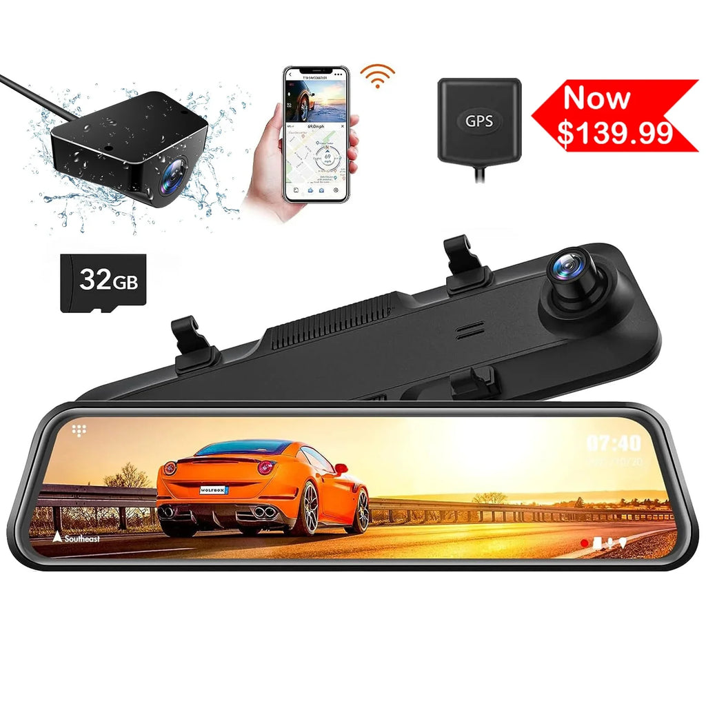 WOLFBOX Rear View Mirror Camera, 2.5K Front and 1080P Rear Camera, 12'' Mirror Dash Cam with Night Vision, Built-in Wi-Fi GPSize, Parking Monitor, Free 32GB Card