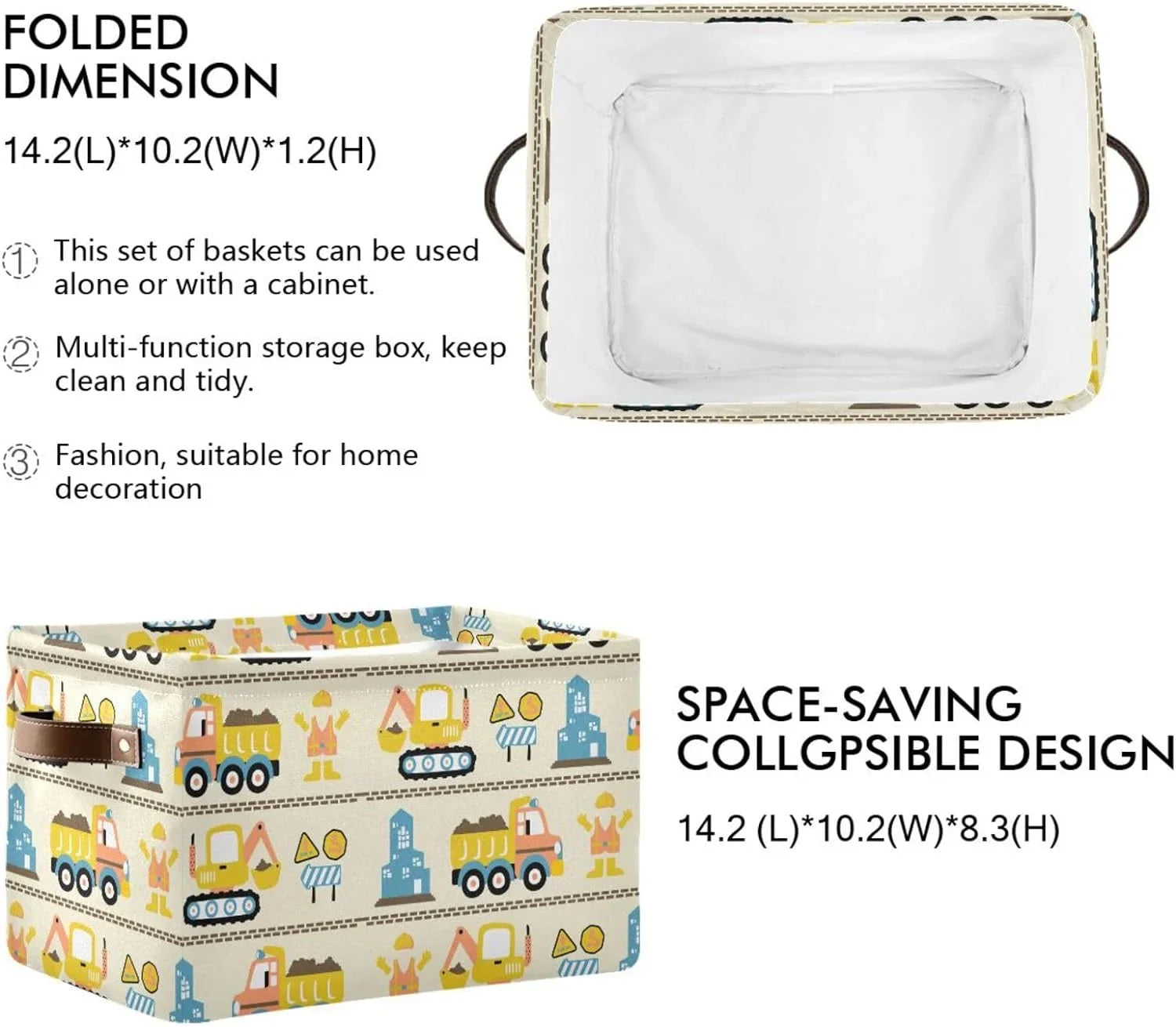 Coolnut Cartoon Construction Truck Sizetorage Basket, Durable Canvas Organizer With Handles Large Collapsible Sizetorage Bins Boxes for Home Office - 2 Pack