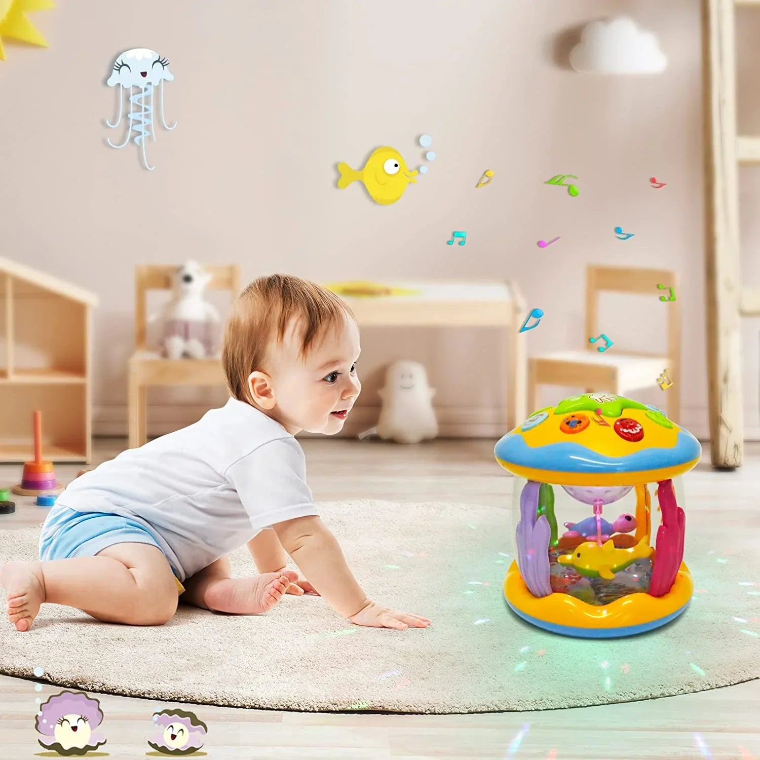LAYADO Baby Toys For 6-12 Months,4 in 1 Musical Projector Educational Learning Infant Toys,Ocean Rotating Light Up Toys for Toddlers