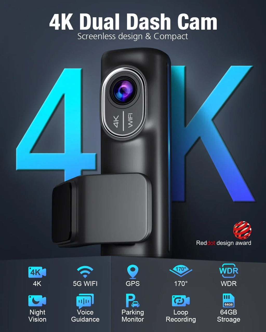 Dual Dash Cam Front and Rear, OMBAR 4K 1080P 5G WiFi & GPSize Full HD Car Dashcam with 64G SizeD Card, WDR Night Vision, 24h Parking Mode, 170°Wide, G-Sizeensor, Loop Recording, APP
