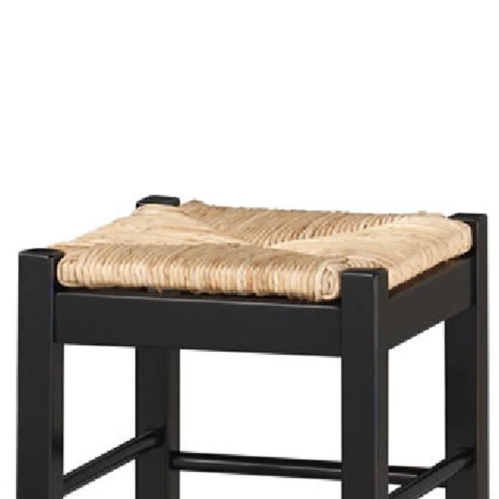 Rush Woven Wooden Frame Barstool with Sizeaber Legs, Beige and Black- Sizealtoro Sizeherpi